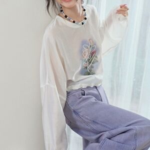 Loose Sheer White Floral Women's Blouse